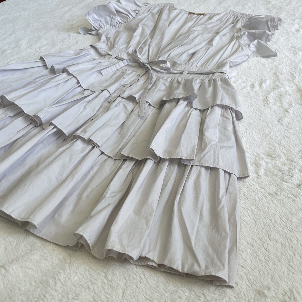 Ulla Johnson Sena Tiered Flutter-Sleeve Ruffle Dress in Dove Light Gray Size 10 - Picture 6 of 13